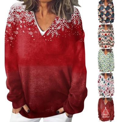 Женский повседневный, модный, комфортный, атмосферный, напечатанный, с V-образным вырезом и длинными рукавами, свободный свитер-топ