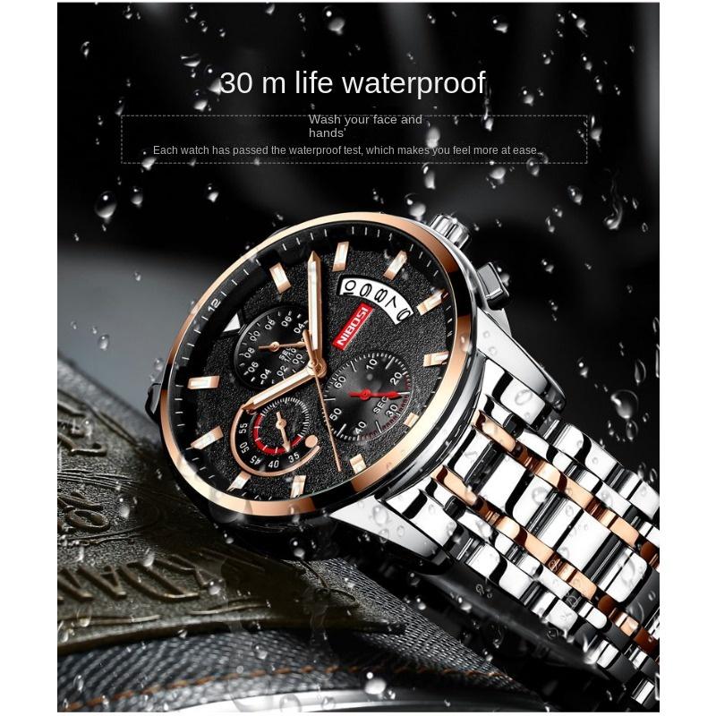 NIBOSI Watch Мужские водонепроницаемые светящиеся многофункциональные кварцевые часы из нержавеющей стали Студенческие часы