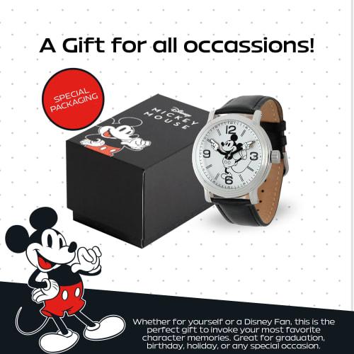 Disney Men's W001853 Mickey Mouse Silver-Tone Watch with Black Synthetic Leather Band
