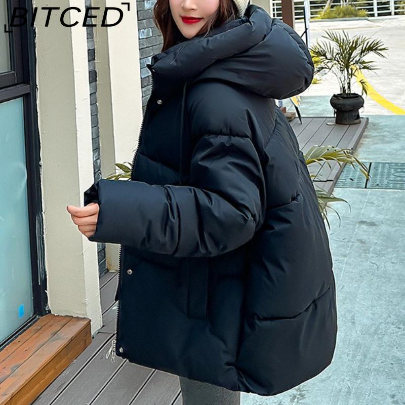 BITCED Plus Size Thickened Cotton Coat Women's Fall/Winter A-Line Loose Fit Puffer Jacket Warm Cotton-Lined Hooded Outerwear