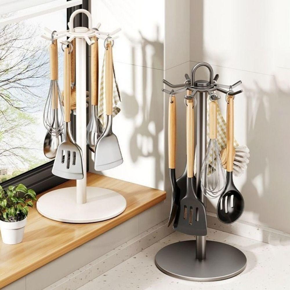 Movable Rotating Utensil Storage Rack 8 Hooks Spoon Hanging Rack Flatware Storage Rack Kitchen