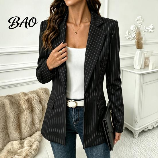 Women Casual Outerwear Striped Blazer with One Button, Breathable Business Work Slim Fit Jacket, Long Sleeves Notch Lapel Collar Coat for Fall
