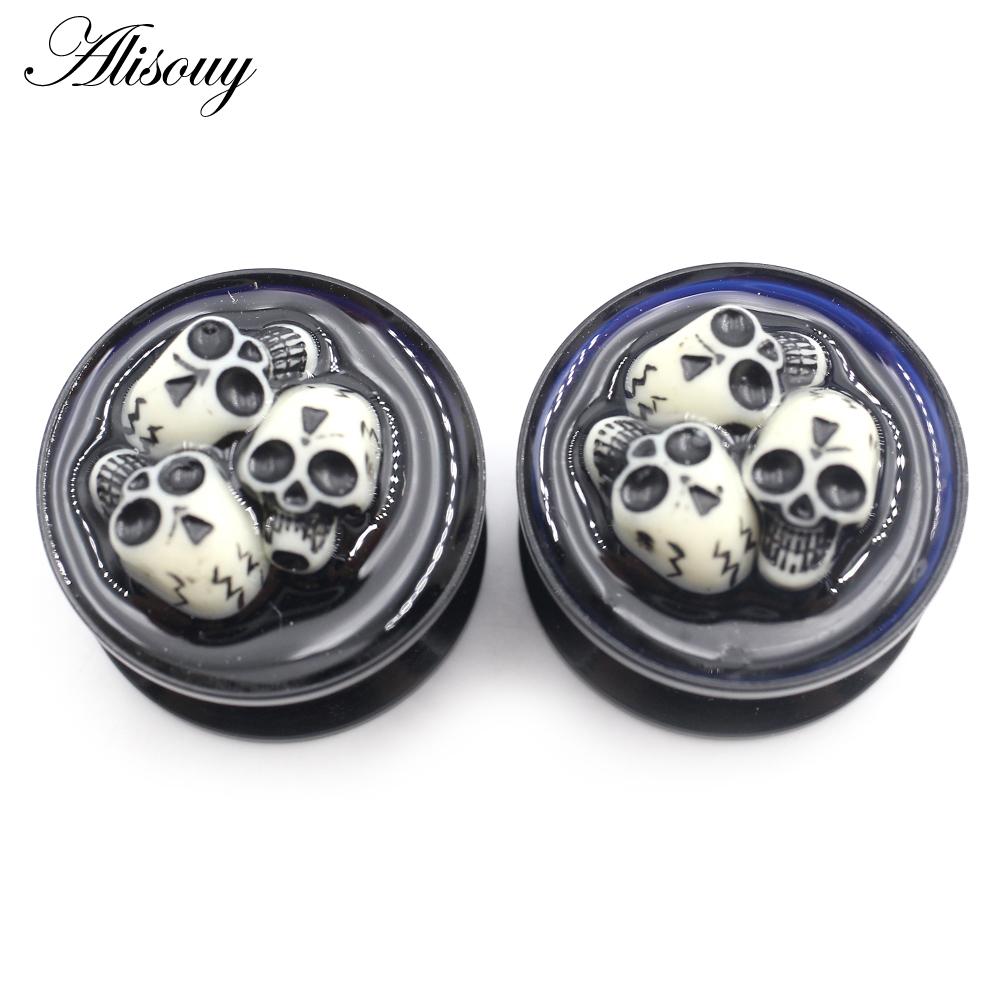 Alisouy 2pc Acrylic Punk Skull Skeleton Round Thread Ear Gauges Tunnels Plugs Expander Stretcher Earring Piercing Body Jewelry