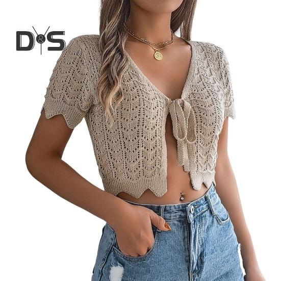 Женские топы крючком с коротким рукавом, на шнуровке, ажурный дизайн, трикотажные топы с защитой от солнца, летние топы для отдыха