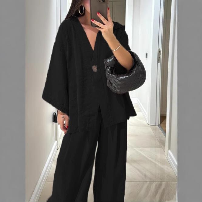 2026 Cross-border Women's Fashion Casual Suit V-Neck One Button Loose Long Sleeve Top High Waist Pants Two-piece Set