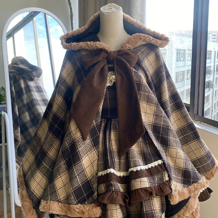 Japanese Vintage Lolita Style Woolen Cloak Coat Women Cute Bow Plaid Warm Hooded Shawl Jackets Autumn Winter Girls Plush Ponchos