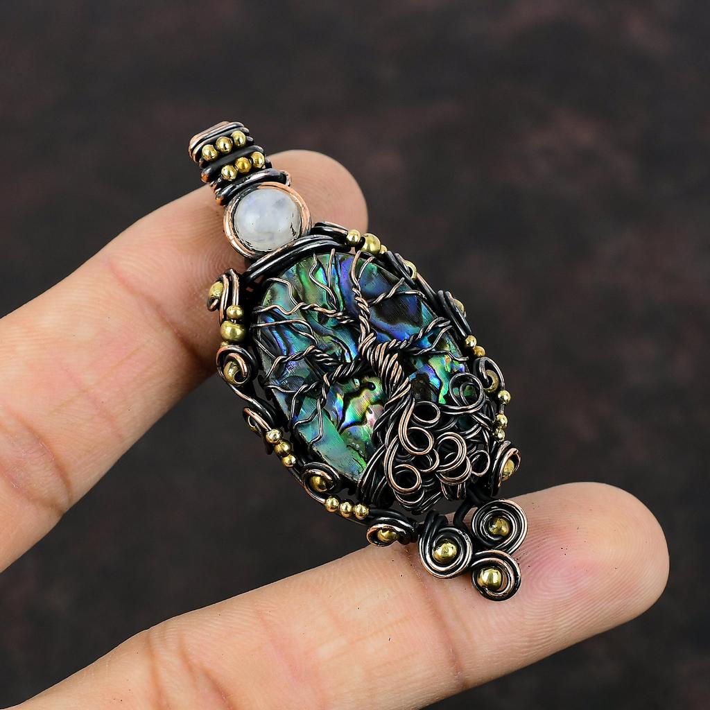 Древо жизни Подвеска из ракушки морского ушка Медная проволока Подвеска Радужная подвеска из лунного камня Драгоценный камень Подвеска ручной работы Медные украшения для подарка