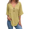 Women Summer Tops V-Neck Half Sleeve Casual Solid Color Tee Shirt Buttons Decor Loose Fit Mid-length Blouse