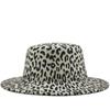 New Wide Brim Leopard Print Flat Top Wool Fedora Felt Hat For Women Autumn Winter Boater Jazz Cap Black Band