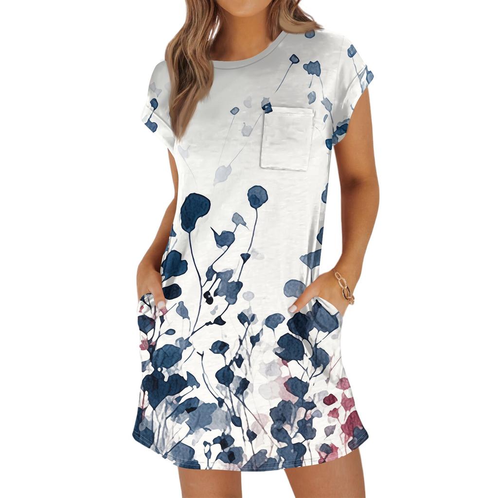 Женская мода повседневная летняя винтажная цветочная печать короткий рукав круглый вырез свободное платье с карманами