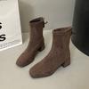 Коричневые ботильоны на толстом каблуке, женские тонкие ботинки 2025 новый осенне-зимний квадратный носок высокий каблук ботинки-носки женские замшевые эластичные ботинки