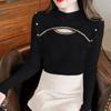 Half High Neck Nail Bead Hollow Out Fashionable Knitted Base Shirt for Women Long Sleeved Autumn and Winter Versatile Top