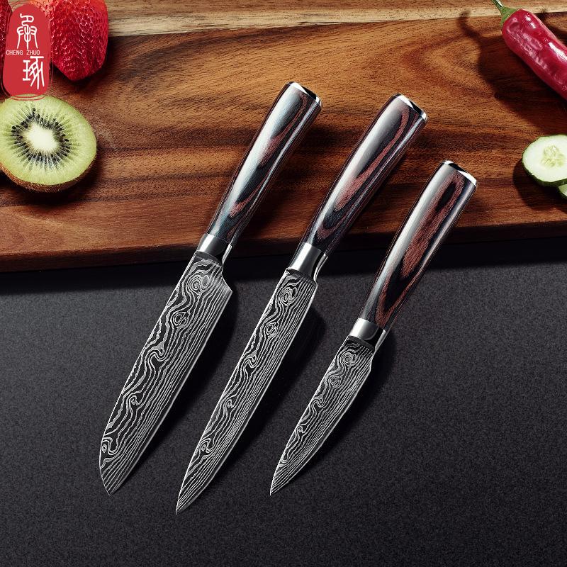 Кухонный нож из нержавеющей стали с 3 кожурами Набор кухонных ножей с узором из дамасской стали