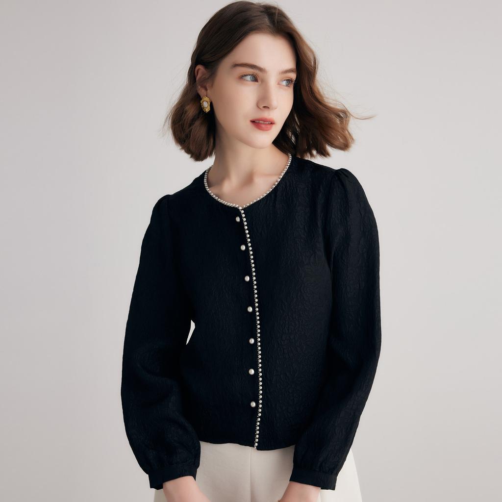 Spring round neck beaded silk shirt top with a small fragrance style, made of 21 mm cotton, suitable for women