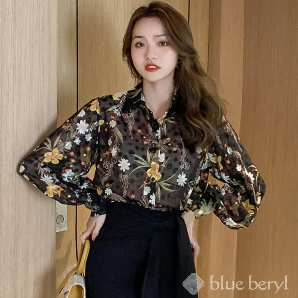 Блузка из шифона цвета «голубой берилл» с цветочным принтом и принтом «горошек», с длинными рукавами-буфами стандартного свободного кроя, прозрачная, цветная, посадка, BB068-BK-XL