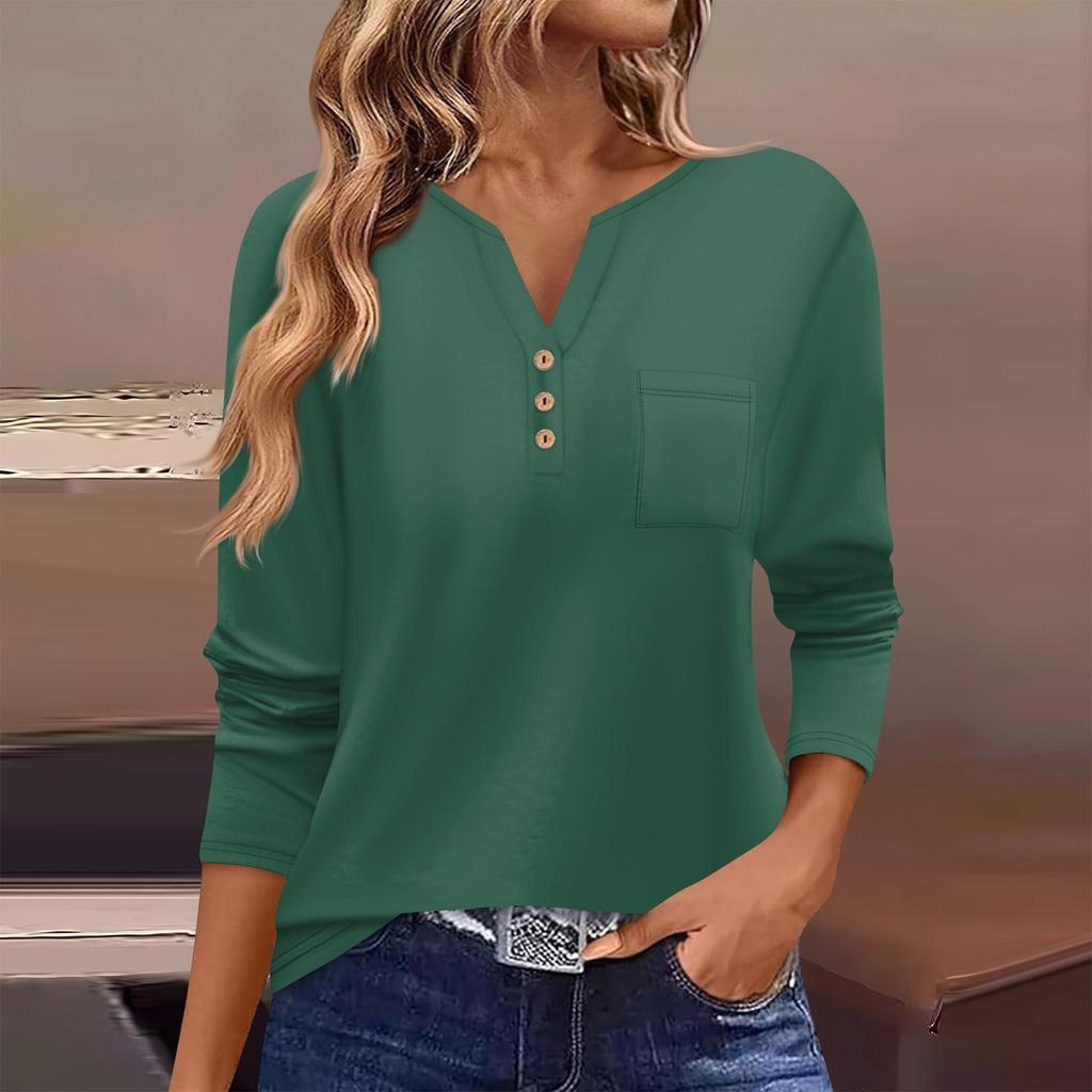 Women's T Shirt Tee Button Long Sleeve Daily Weekend Fashion Basic V- Neck Regular Top With Pocket
