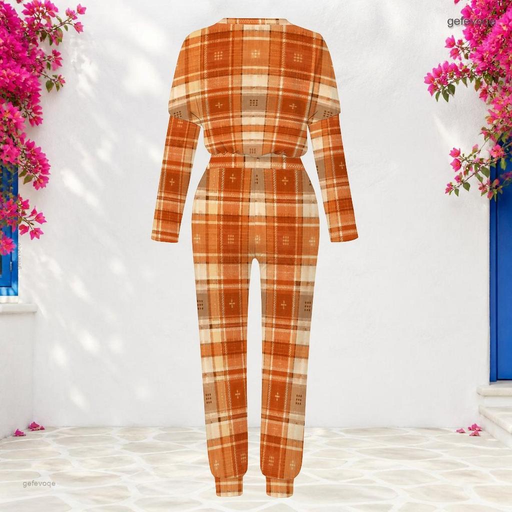 Women Plus Size Abstract Face Printed Round Neck Long Sleeve Two Piece Set Cuffed Top Cuffed Pants With Pockets