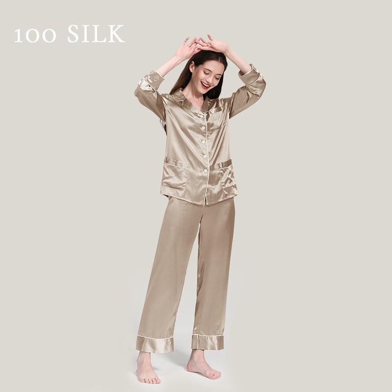 Womens 100% Pure Silk Pajama Set Long Sleeve V-Neck Lightweight Sleepwear With Multiple Pockets French Style Home Loungewear