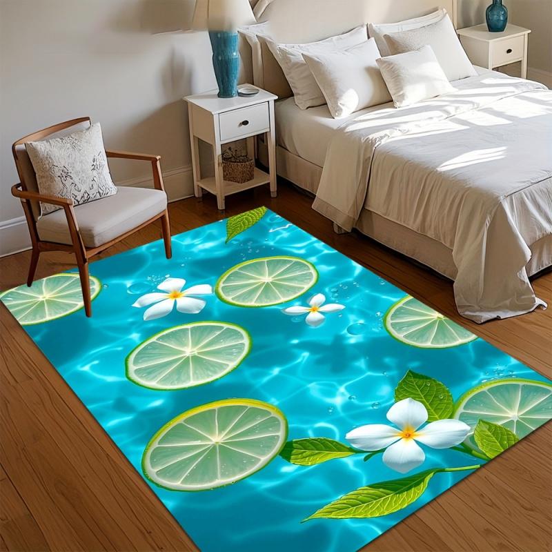 Lime Slice White Flower Area Rug Fresh Green Citrus Leaf Floral Print Non Slip Carpet Summer Kitchen Bedroom Home Decor