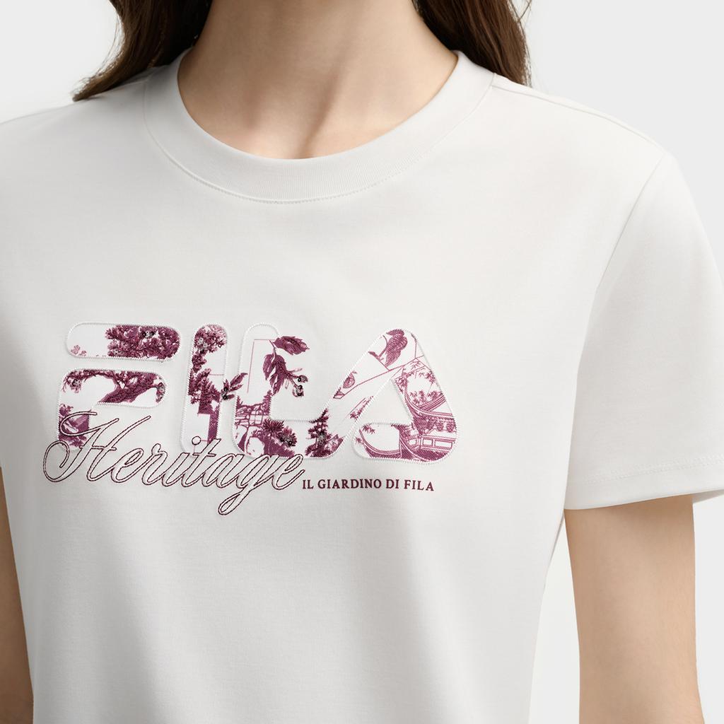Fila Heritage Soft Comfortable Floral Logo Loose Round Neck Short Sleeve T-Shirt Women Tops Cloud-White F11W538112FWT