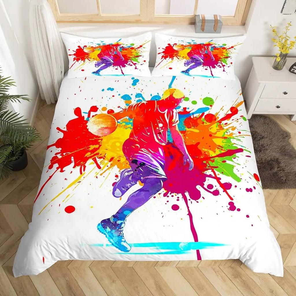 Пододеяльник с баскетбольным мячом Queen Blue Red Green Tie Dye Комплект постельного белья Grunge Neon Sports Покрывало Neon Ball Game Покрывало