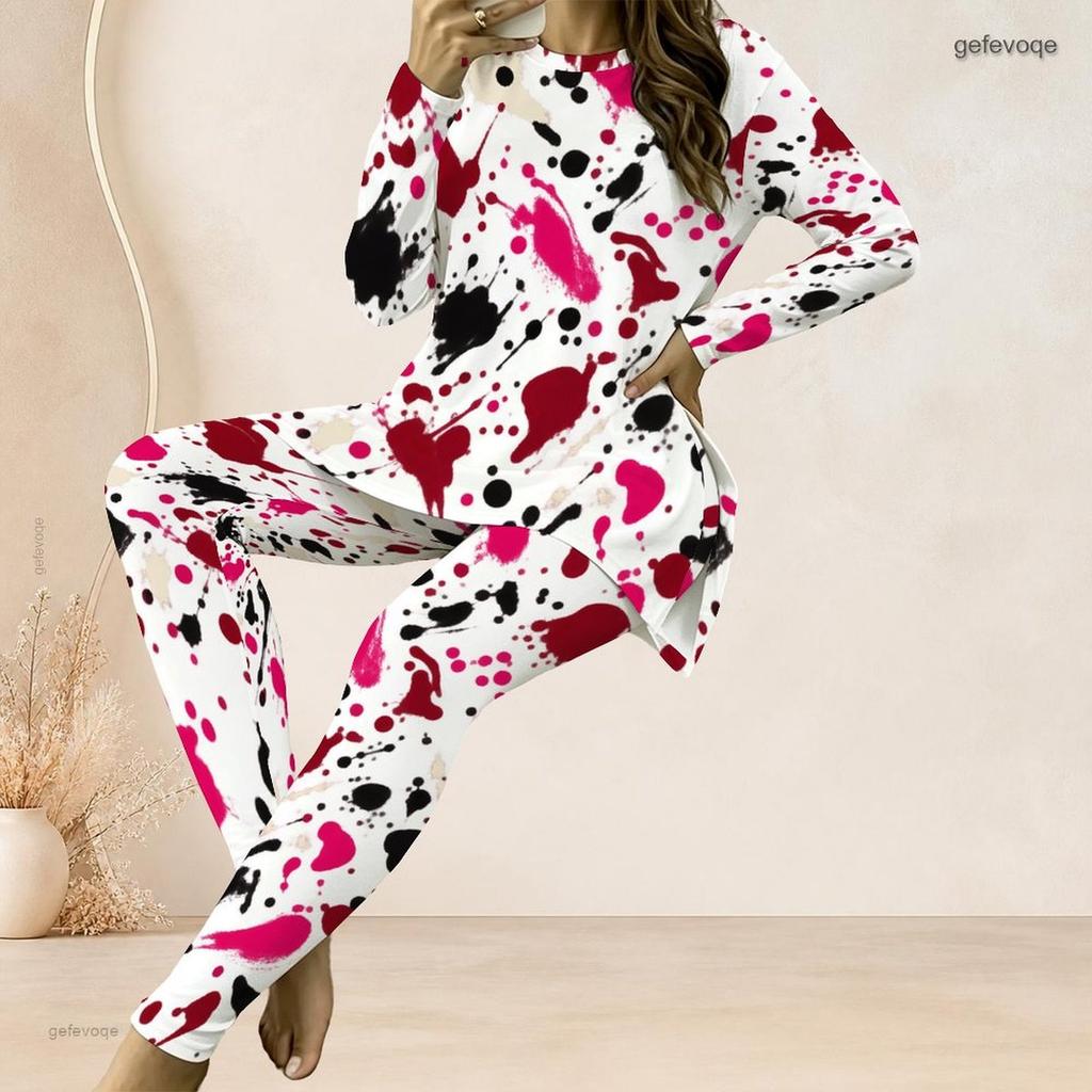 Women Plus Size White Red Black Printed Two Piece Set Round Neck Long Sleeve Longline Top Fitted Pants