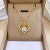 ZAKOL Korean Fashion Gold Color Stainless Steel Heart Round CZ Pendant Necklace for Women Lady Sweet Zircon Accessories Gifts