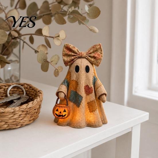 Warm Glow Decoration Light Halloween Lighted Patchwork Ghost Figurine, Light-Up Bow with Pumpkin Vintage Figurine Lantern, Ghosts Lamp for Holiday
