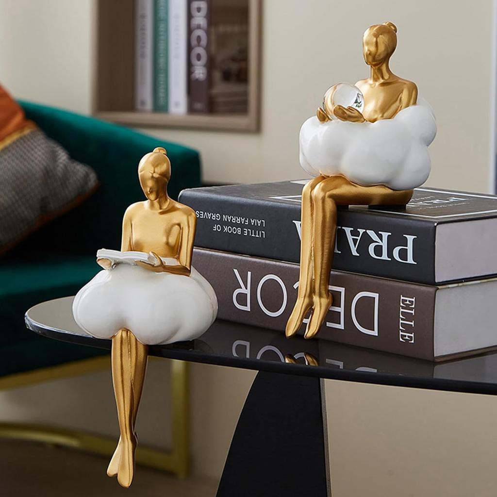 Gold Home Decor Women Thinker Statue, Modern Bookshelf Figurines Accent Decorations for Living Room, Resin Abstract Art Collectible for Office