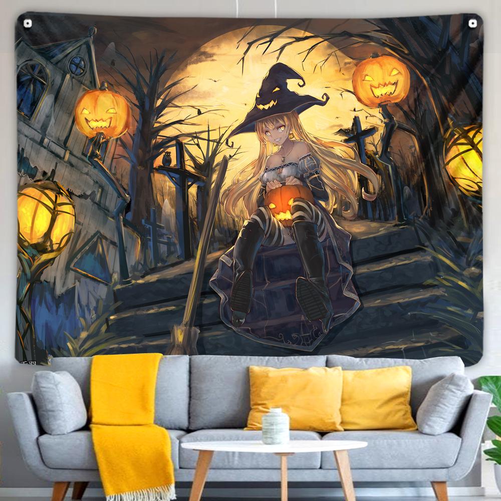 Bedroom Living Room Decor Mystic Pumpkin Haunted House Witch Aesthetics Wall Hanging Wall Decor Home Decor Halloween Tapestry