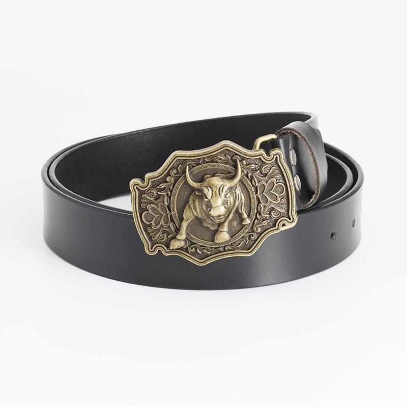 Whole Vintage Cowhide Belt Bullhead Punk Western Denim Men's Wide Belt