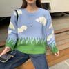 Women Autumn Winter Blue Sky and White Cloud Printed Loose Round Neck Knitted Sweater