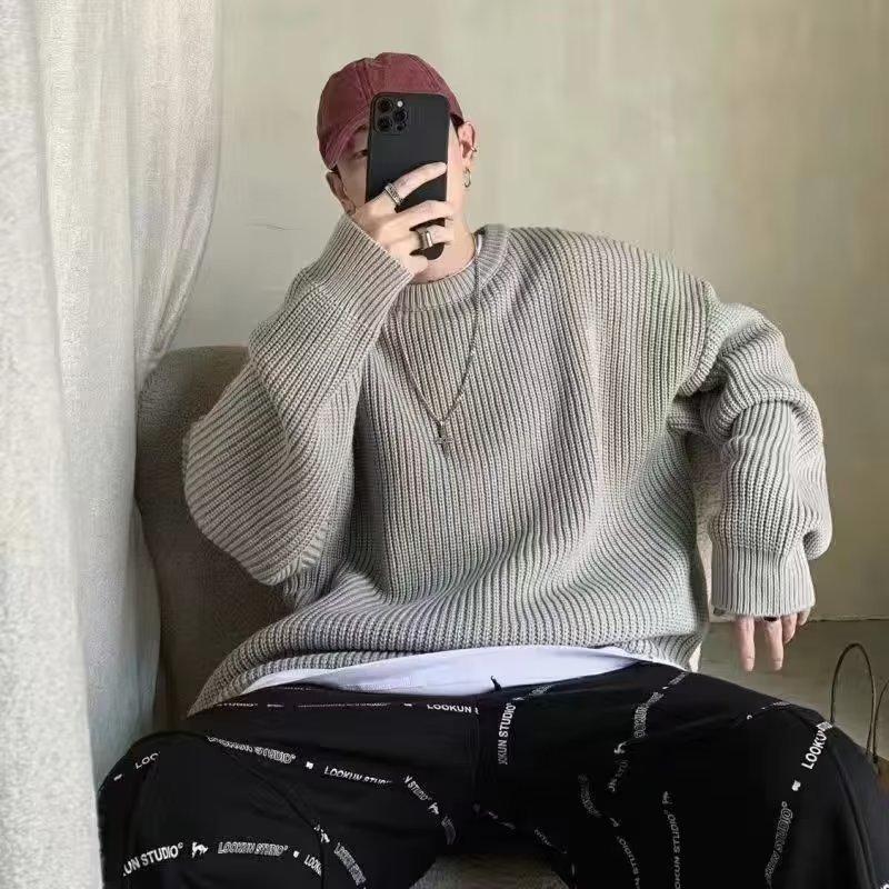 Свободный мужской пуловер, трикотаж, однотонный, круглый вырез, зимний базовый слой, повседневный свитер с круглым вырезом в гонконгском стиле, осень-зима