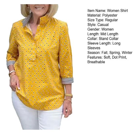 Свободный воротник большого размера с мягким точечным принтом-стойкой, рукав три четверти, дышащая повседневная полосатая пуговица средней длины