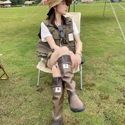 Женские резиновые сапоги Сапоги-женские Обувь Женская Зимняя обувь Низкий каблук сапог Круглый носок Дождь До середины икры Осень Дождевые сапоги