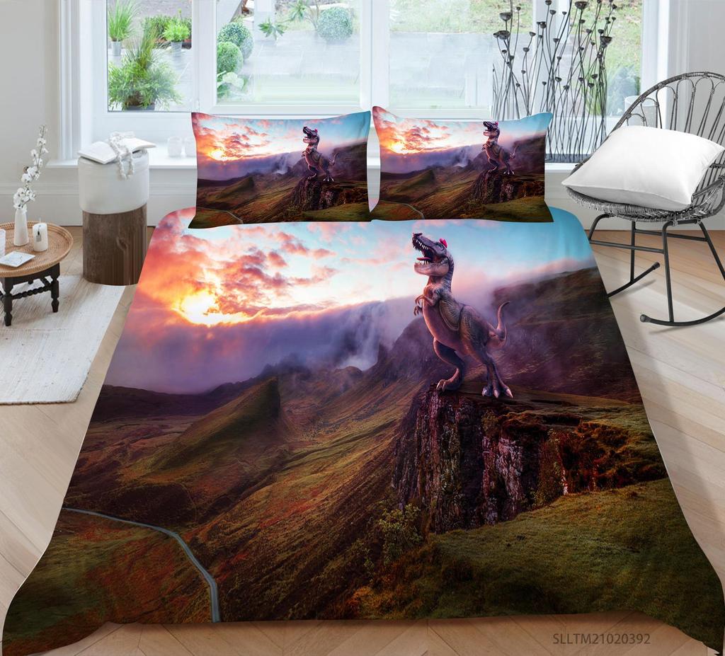 Постельное белье с принтом свирепого зверя и динозавра, пододеяльник и наволочка, полноразмерный цветной мультяшный рисунок динозавра, удобное и роскошное украшение для дома