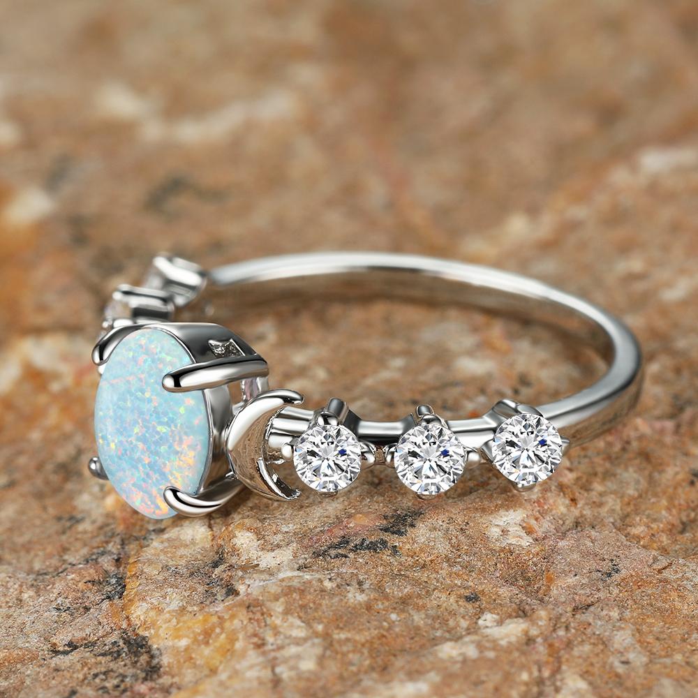 Женское ретро-кольцо с белым овальным опалом и маленькой луной, обручальное кольцо, ювелирное изделие, обручальное кольцо