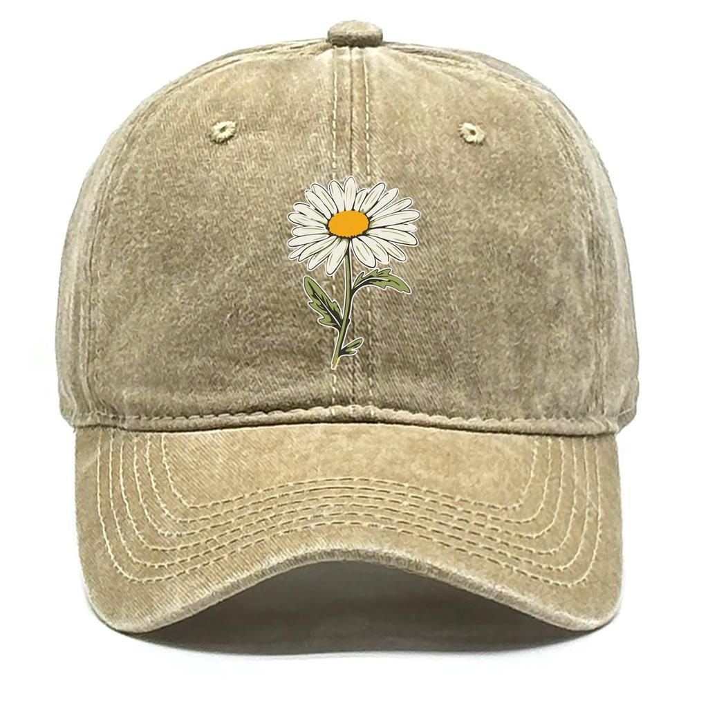 White Daisy Print Adjustable Sun Hat, Flower Sports Hat Cotton Inelastic Sun Protective Cozy Snapback Baseball Cap