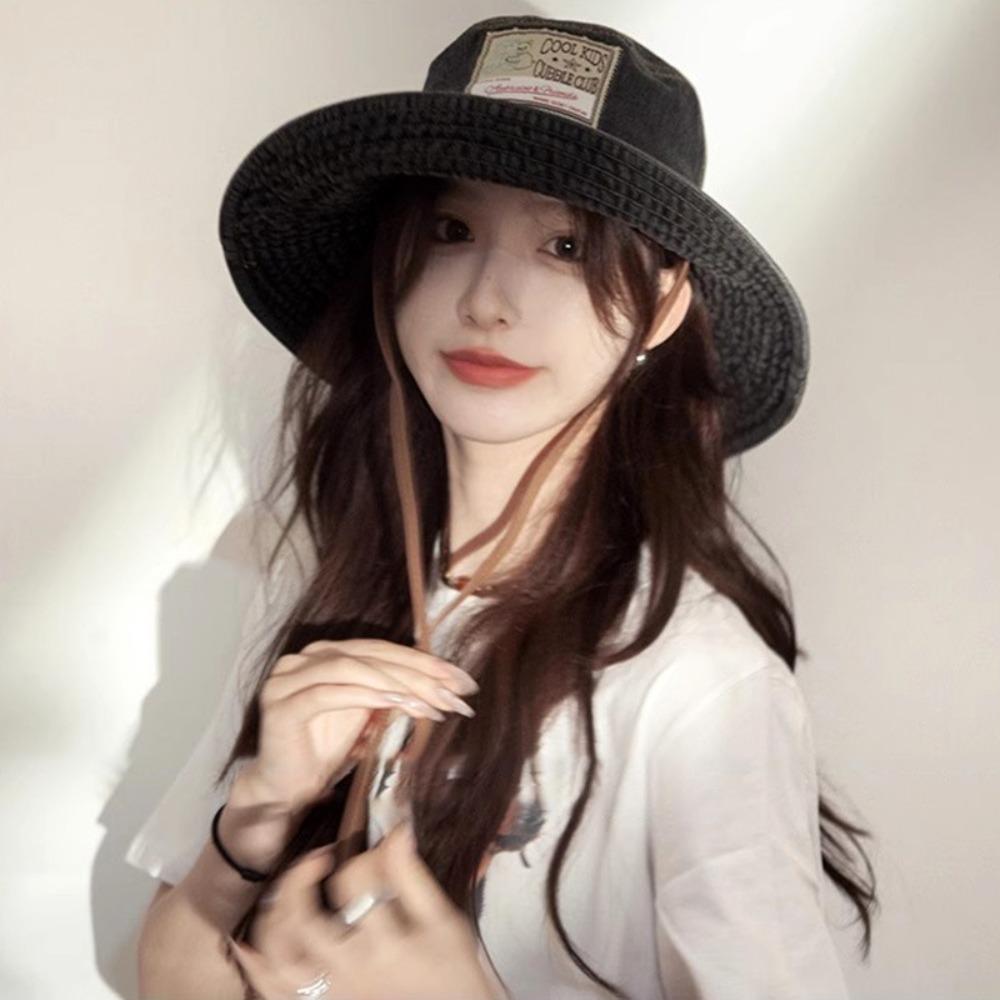 With Drawstring Women Denim Bucket Hat Windproof Western Cowboy Hats Hot Big Brim Sun Hat Summer