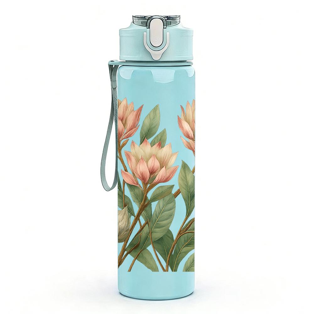 1PC Pink Protea Flower Bouquet 750ml Color Plastic Sports Water Bottle Leakproof Flip Straw Lid For Sports Office Home Use