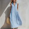 Women's Collar Sleeveless Loose Straight Waist Gingham Plaid Button Front Maxi Dress Beach Vacation Sundress
