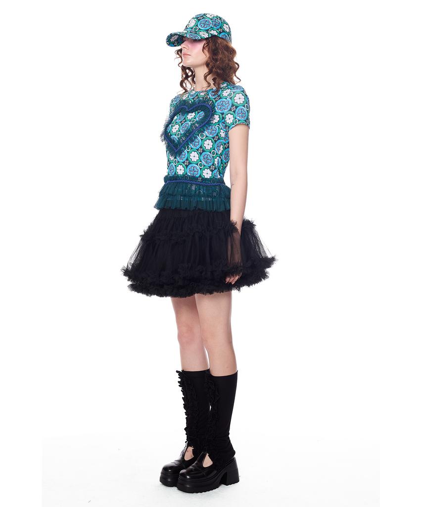 Greedius Sheer Lace Tiered Ruffle Mini Skirt