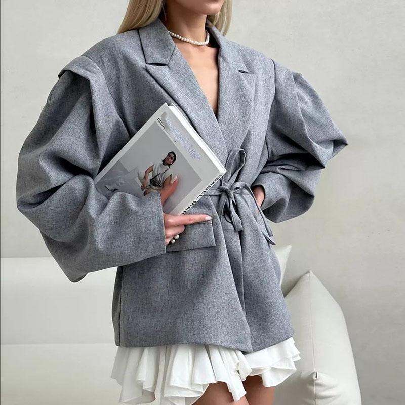 Fashion Floral Belts Blazer Coat Women Shoulder Pads Single Breasted Notched Long Sleeve Street Jacket 2025 Spring Holiday Party