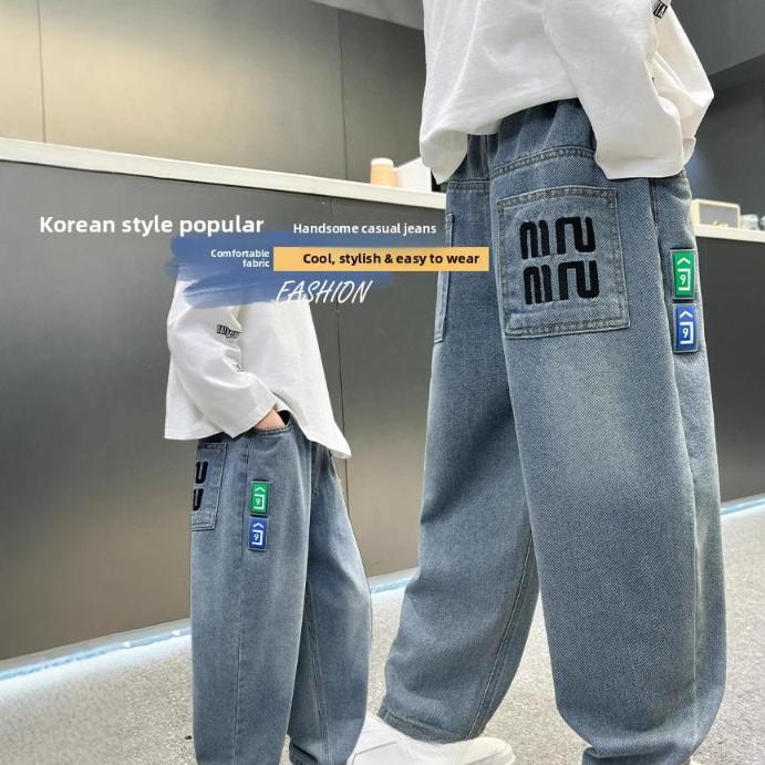 Мальчиковые брюки Мальчиковая одежда Свободные джинсы Модные свободные брюки с прямыми штанинами Весна и осень