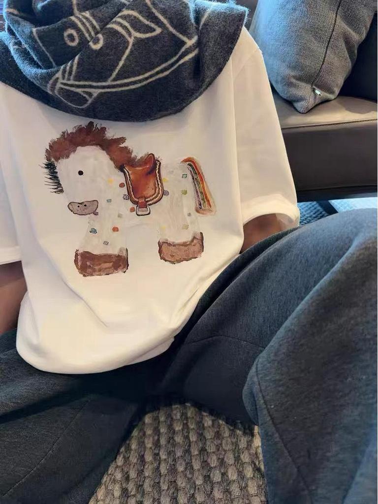 Мультяшная футболка с радужным пони, круглый вырез - Омолаживающая, Универсальная, Короткий рукав, Повседневная