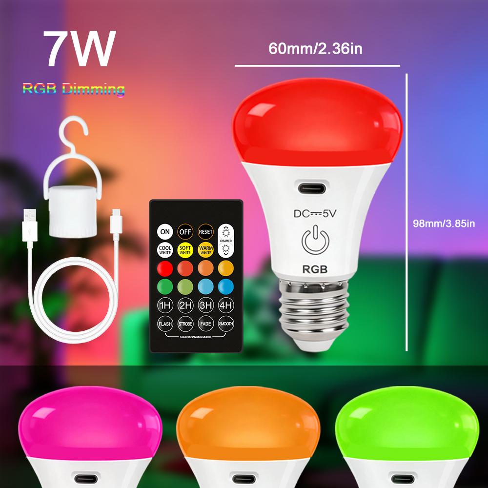 RGB/3 Color USB Led Bulb Rechargeable Light Bulb Smart Bulb Dimmable E27 Bulbs with Timing Cordless Battery Operated Light Bulb