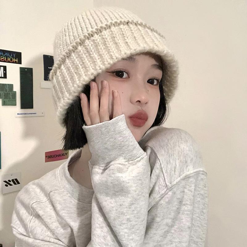 Hat for Women Fisherman Knitted Wool Hat In Autumn and Winter Versatile Big Head Circumference Blue Loose Trendy Korean Style Face Small