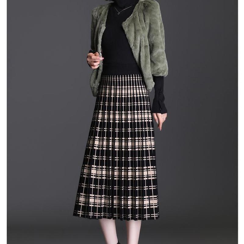 Осень-зима, винтажная эластичная миди с высокой талией, плиссированная трикотажная юбка с принтом «гусиные лапки» для женщин, длинная клетчатая юбка для подиума