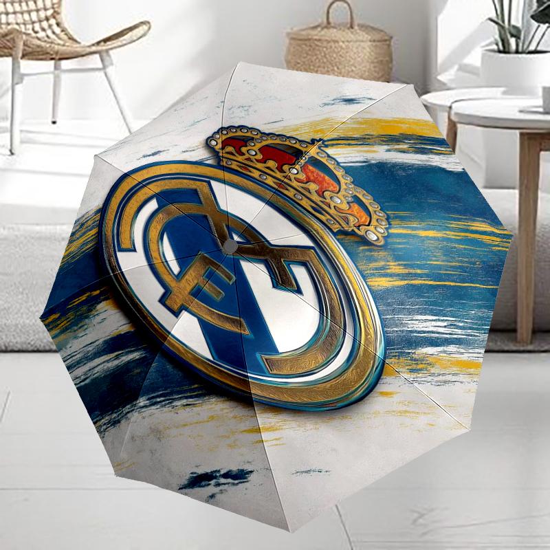 real Madrid Theme Automatic Umbrella, Lightweight & Portable, 8 Rib, Perfect for Outdoor Travel, Birthdays, Christmas, Gifts.