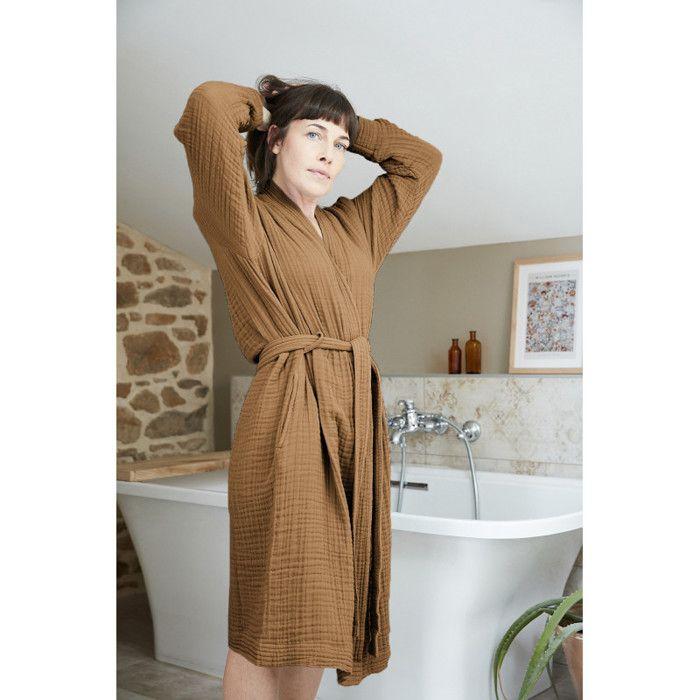 Peignoir kimono mixte Gaze de coton unie Gaïa - Gaïa Camel - Taille S/M